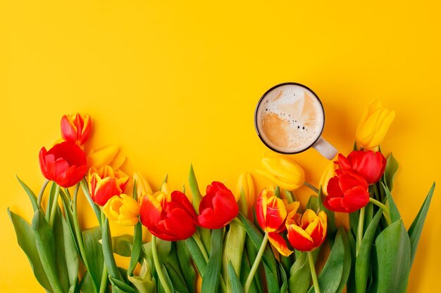 Close-up of red tulips against yellow background