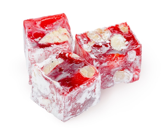 Close up of red Turkish Delight sweets isolated on white 