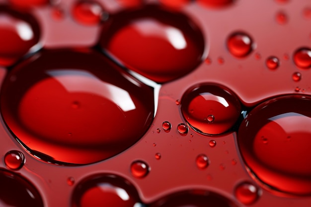 A close up of red water drops on a table