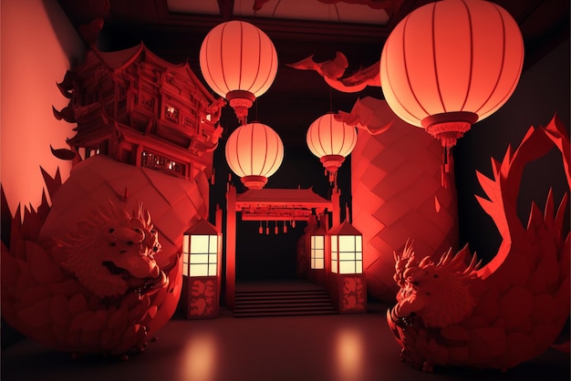 A close up of red and white chinese lantern lights in the dark generative ai