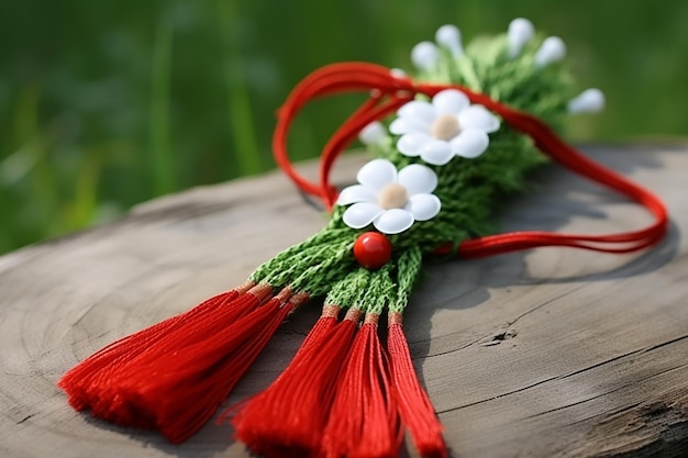 Close up of red and white Christmas tree decoration on green background