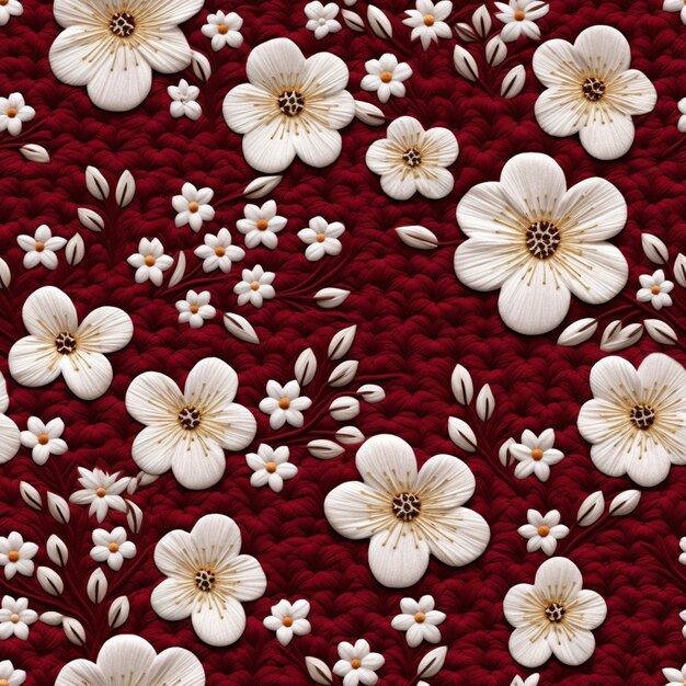 A close up of a red and white floral fabric with white flowers generative ai