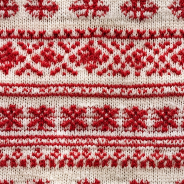 a close up of a red and white knitted sweater with a red flower design generative ai