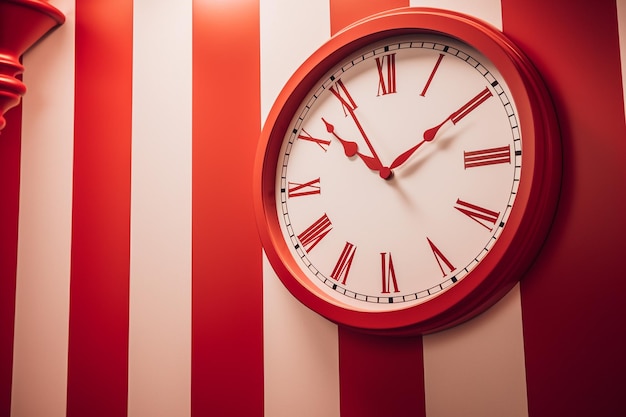 A close up of a red and white striped wallpaper with a clock