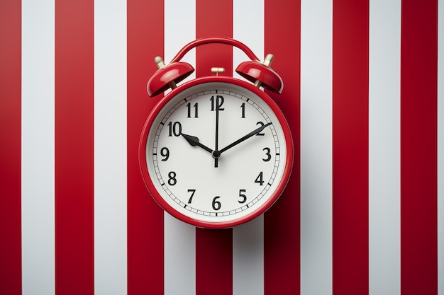 A close up of a red and white striped wallpaper with a clock