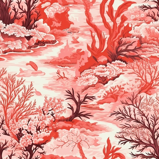 a close up of a red and white wallpaper with a tree and bushes generative ai