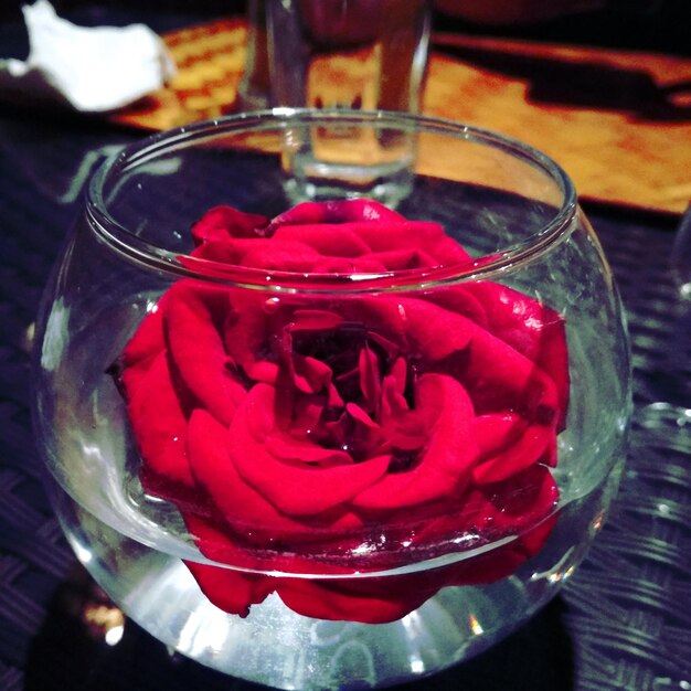 Close-up of red wine glass on table