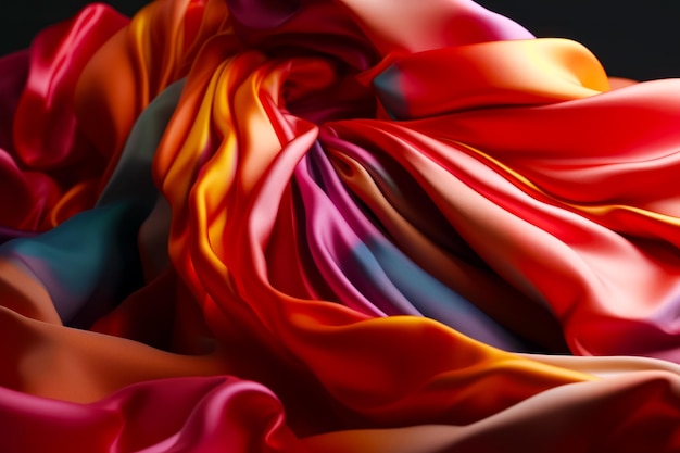 Close up of red yellow and blue fabric with black background Generative AI