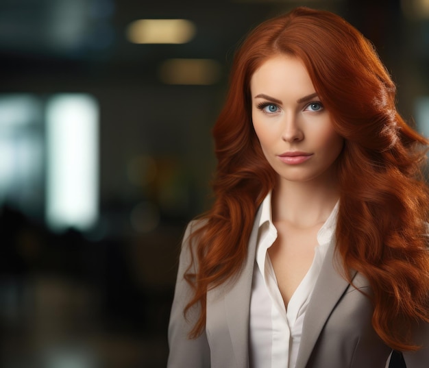 Close up of a redhead businesswoman with her workspace on the background