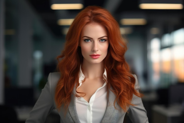 Close up of a redhead businesswoman with her workspace on the background