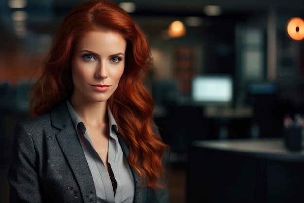 Close up of a redhead businesswoman with her workspace on the background