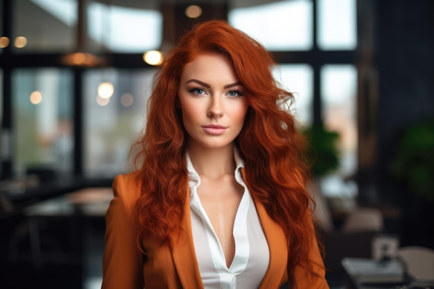 Close up of a redhead businesswoman with her workspace on the background