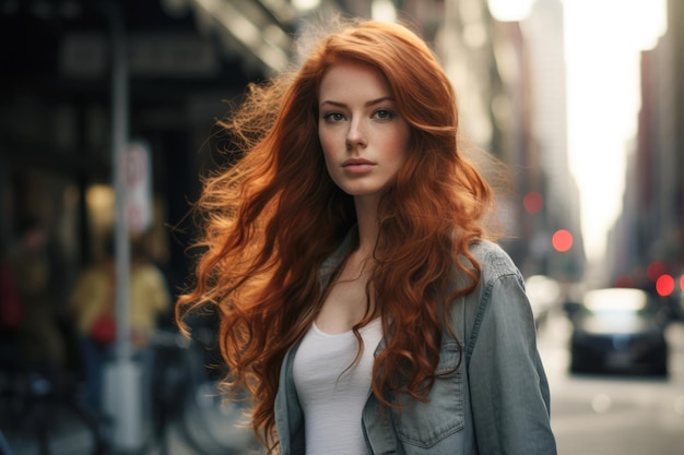 Close up of a redhead young woman with a city scene background