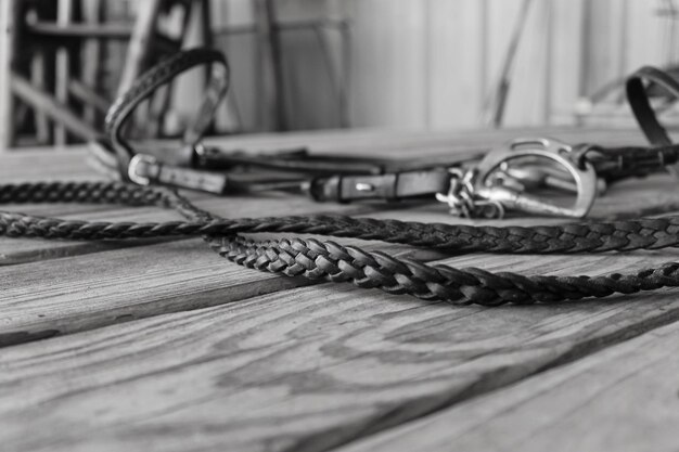 Close-up of rein on wooden table