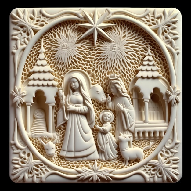 a close up of a relief of a nativity scene with a manger scene generative ai