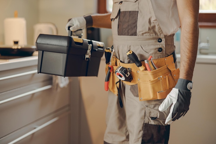 Photo close up of repairman in uniform standing on home kitchen and holding his tool bag
