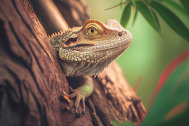 Close up of a reptile on a tree branch set against a stunning HD natural background wallpaper