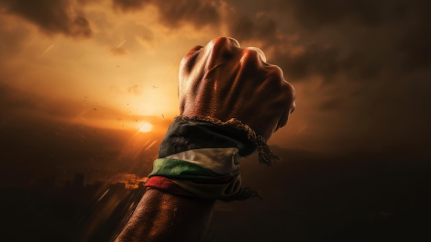 Close up of Resistance hand with Palestine flag