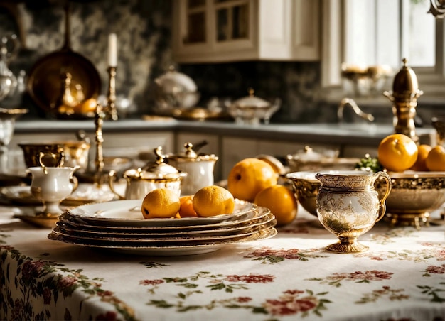 Close up of retro style interior of home white kitchen room with design furniture served table and elegant luxury accessories Stylish neutral domestic decor Designer concept Copy ad text space