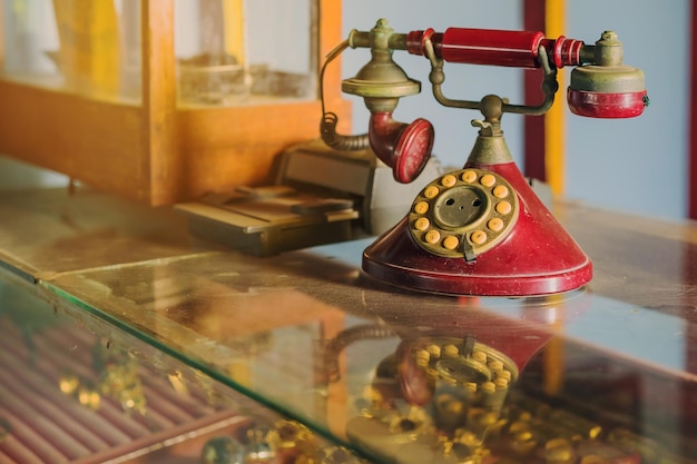close-up of retro styled telephone on table