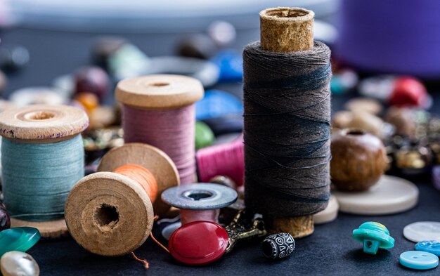 Close up of retro threads and beads assortment