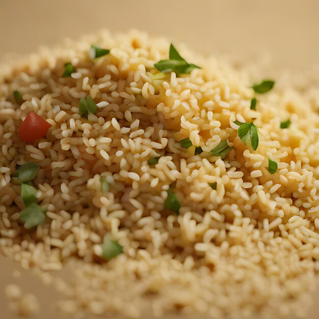 a close up of rice with a bunch of green onions and a red strawberry