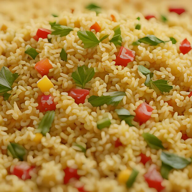 a close up of rice with a few red and yellow sprigs of parsley