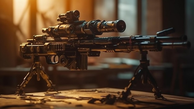 A close up of a rifle on a table