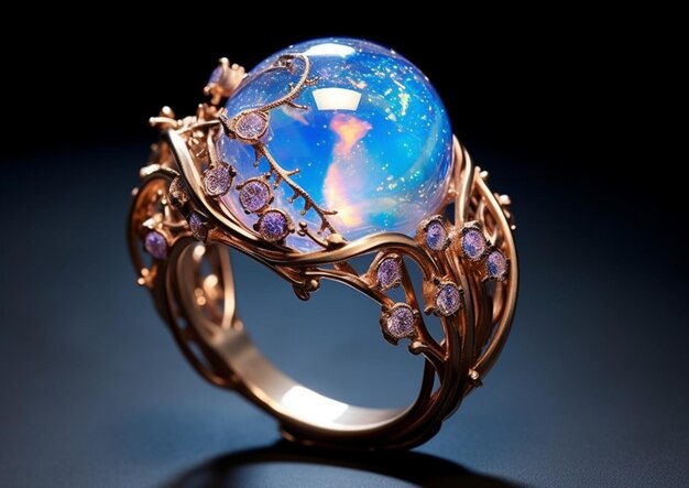 a close up of a ring with a blue oplite surrounded by purple stones generative ai