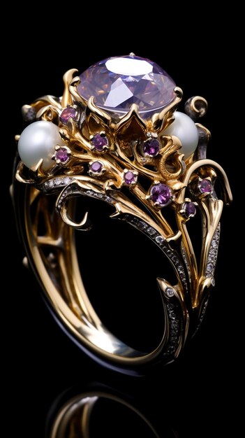 A close up of a ring with a purple stone and pearls generative ai