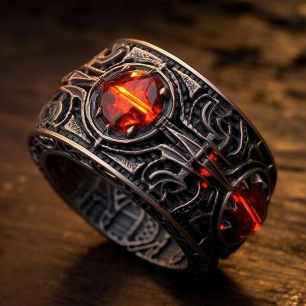 A close up of a ring with a red stone in it generative ai