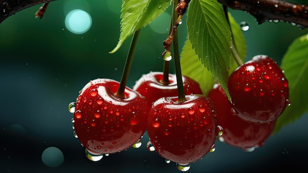 close up ripe cherries hanging on a branch with water drops and bokeh background