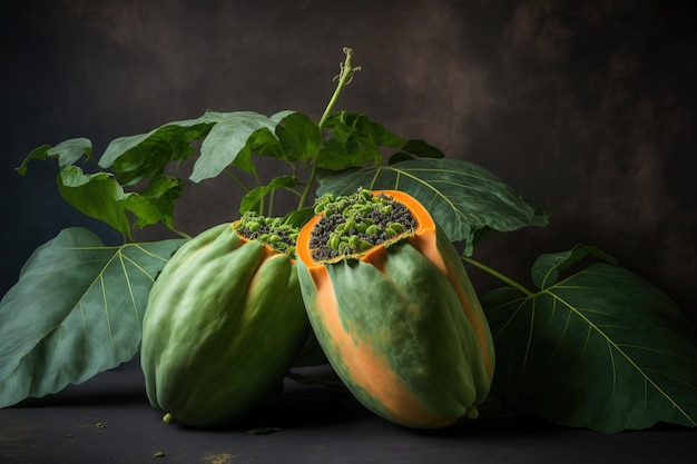 Close up of ripe fresh papayas with green leaves on a gray table