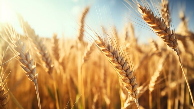 Close up of ripe golden wheat ears agriculture concept Generative AI