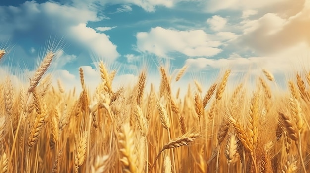 Close up of ripe golden wheat with vintage effect clouds and sky generative ai