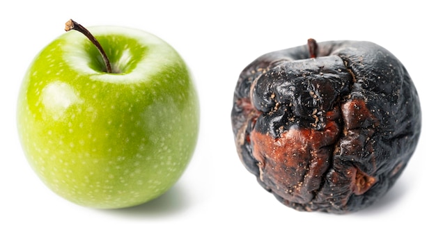 Close up of ripe green apple and rotten apple isolated on white background