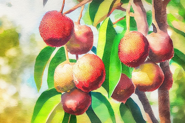 Close up ripe lychee fruits on tree in the plantationThailand watercolor Generative Ai