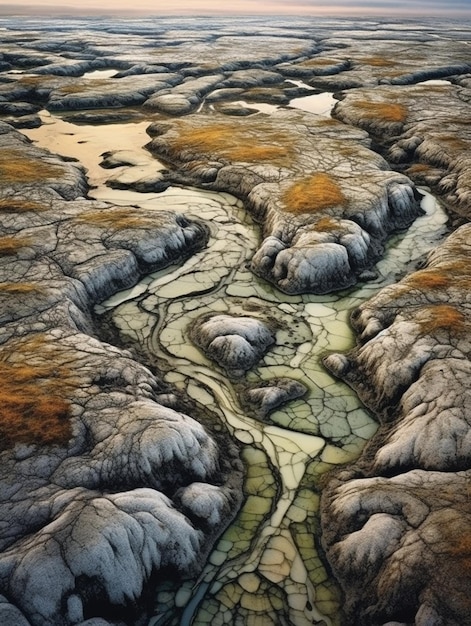 Foto un primo piano di un fiume che scorre attraverso un campo roccioso generativo ai