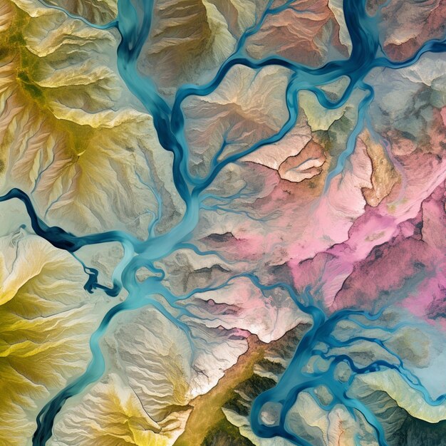 a close up of a river running through a valley with a sky background generative ai