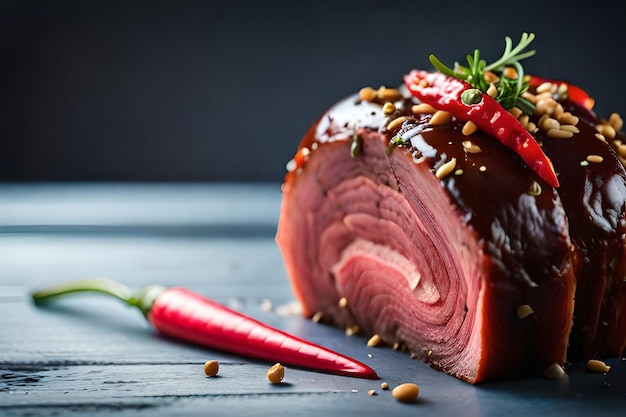 A close up of a roast beef with red pepper on the side