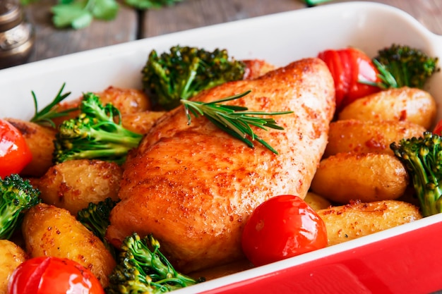 Close-up of roast chicken and vegetables