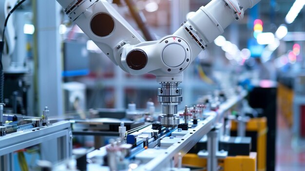 a close up of a robot arm in a factory with other machines generative ai