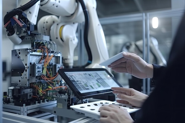 Close up of robot arm and factory worker using digital tablet Technology and industrial concept An engineer rearview and hands close up working with computer tablet AI Generated