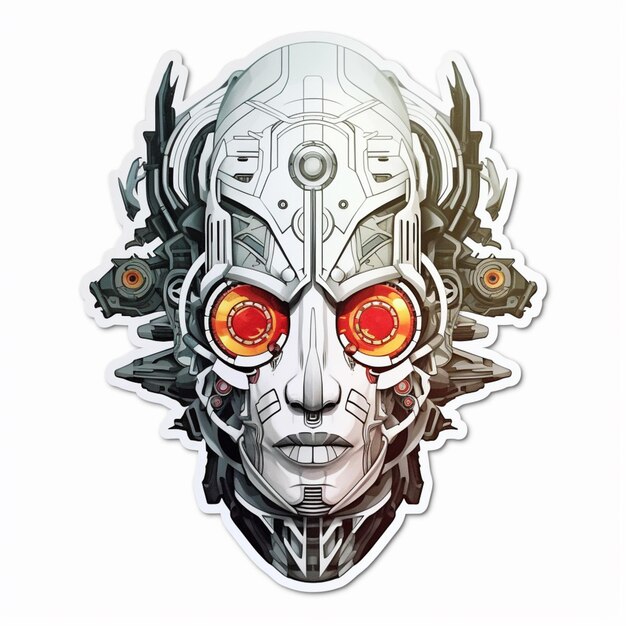 a close up of a robot face with red eyes and a clock generative ai