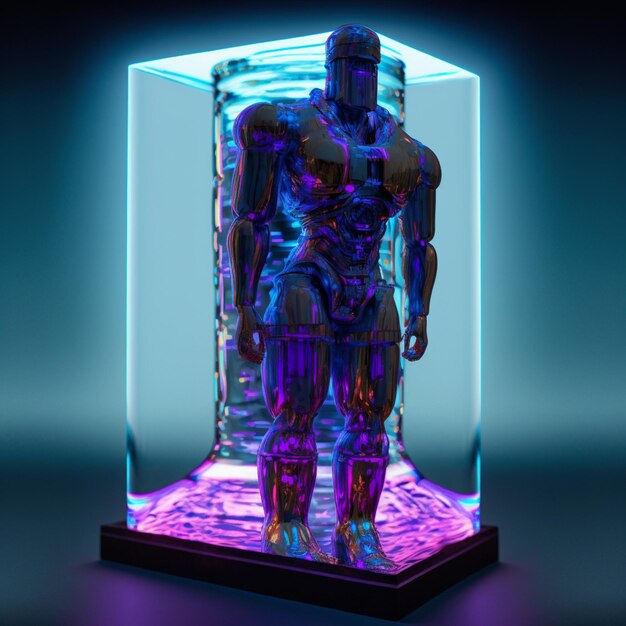 a close up of a robot in a glass case with a neon light generative ai