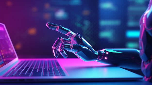 A close up of a robot hand on a laptop computer generative ai