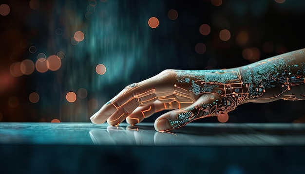 Close up of robot hand touching screen against bokeh background 3d rendering