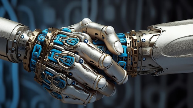 A close up of a robot hands holding each other