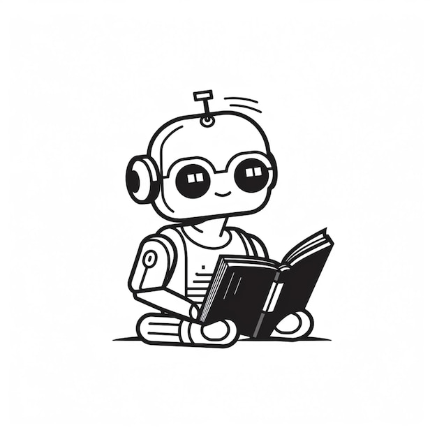 Близкий план робота, читающего книгу на белом фоне