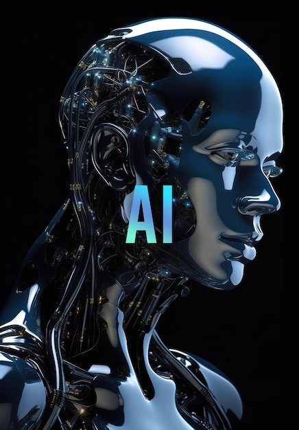 로봇의 머리와 얼굴을 클로즈업한 제너레이티브 AI 이미지 로봇의 AI 라벨